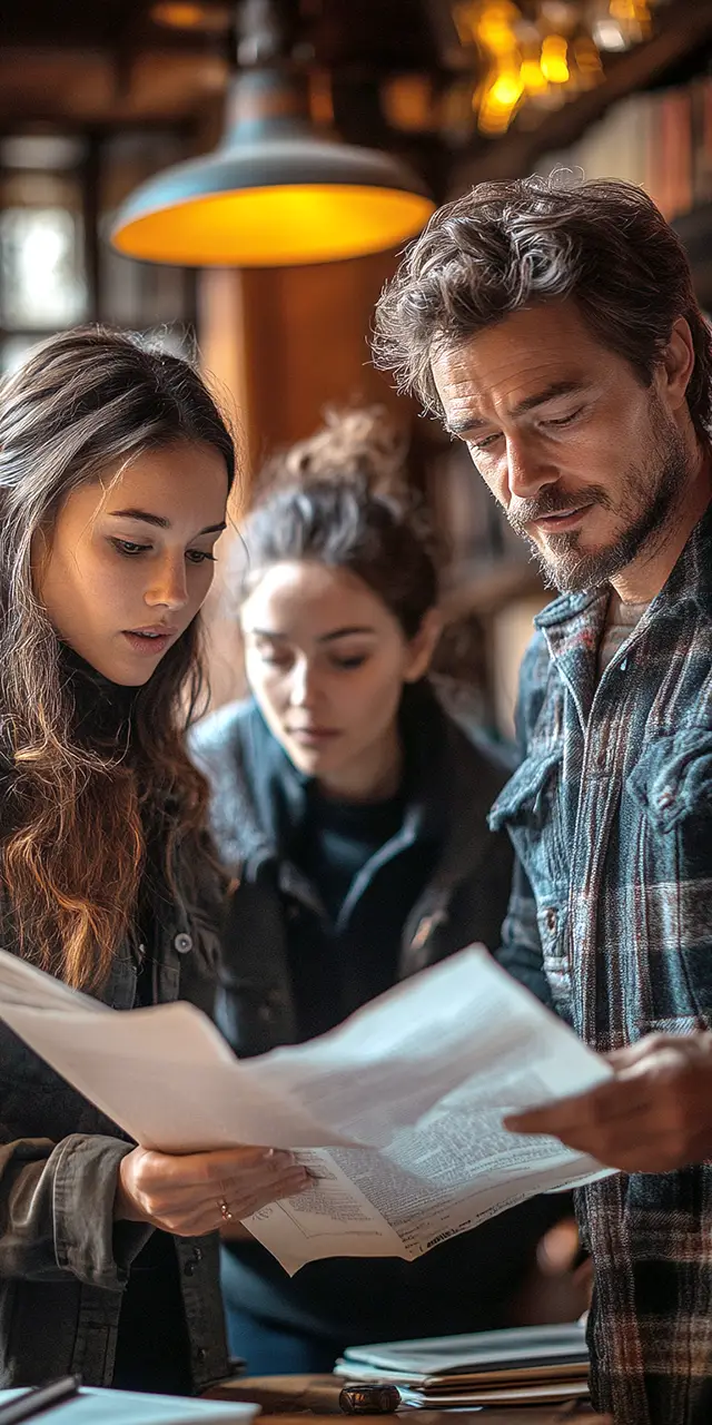 Equipo de guionistas trabajando en la adaptación de un libro a guion cinematográfico